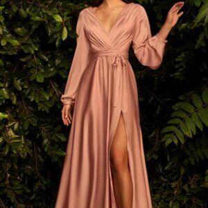 Cinderella Divine Rose Gold Long Sleeve High Slit Gown Dress